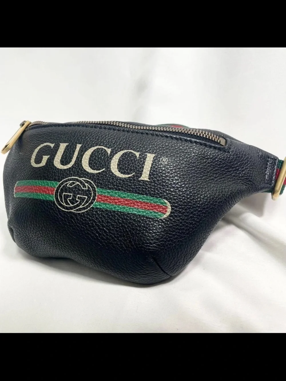 Gucci Black Leather Belt Bag with Green-Red Web Stripe